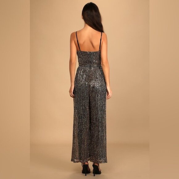 NWT Lulus Disco Party Jumpsuit Wide-Leg XS Black Gold Sparkle 70s Retro New Year - Picture 3 of 16